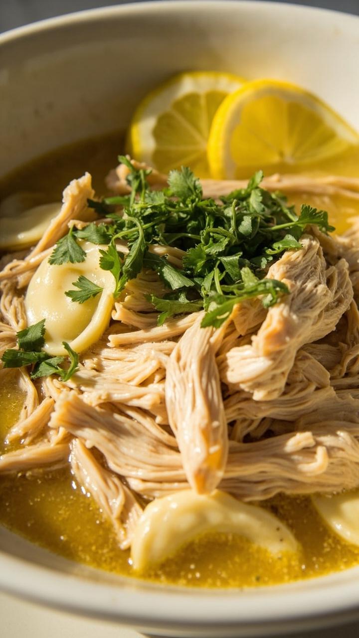 Clear broth with pale yellow tint in a shallow bowl, cheese tortellini, shredded chicken, thin lemon slices on the rim, chopped parsley sprinkled on top Clear broth with pale yellow tint in a shallow bowl, cheese tortellini, shredded chicken, thin lemon slices on the rim, chopped parsley sprinkled on top