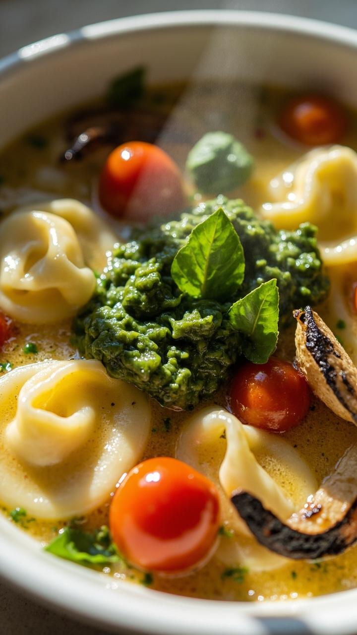 Green flecked broth in a white bowl, cheese tortellini, halved blistered cherry tomatoes, a dollop of bright green pesto on top, small basil leaves as garnish Green flecked broth in a white bowl, cheese tortellini, halved blistered cherry tomatoes, a dollop of bright green pesto on top, small basil leaves as garnish