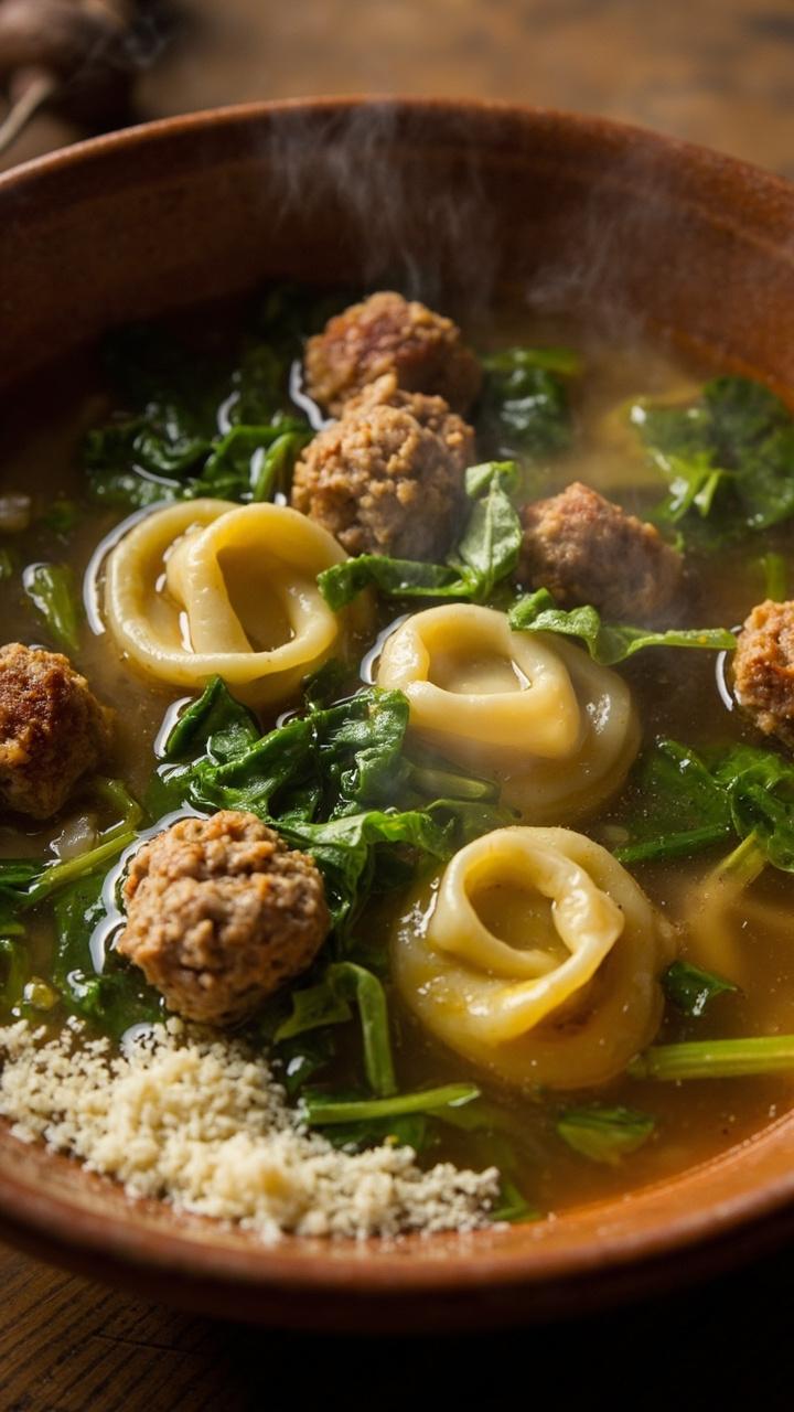 Clear meaty broth in a bowl, small turkey meatballs and cheese tortellini floating together, finely chopped escarole or chopped spinach, grated Parmesan on the rim Clear meaty broth in a bowl, small turkey meatballs and cheese tortellini floating together, finely chopped escarole or chopped spinach, grated Parmesan on the rim
