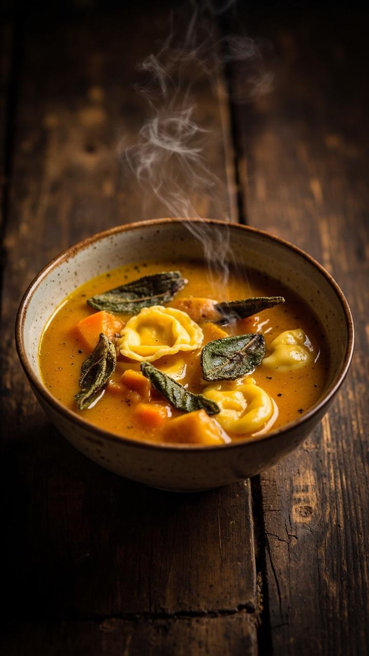 Golden orange squash broth in a bowl, cubes of roasted butternut squash, cheese tortellini, crisped sage leaves on top, wooden table surface Golden orange squash broth in a bowl, cubes of roasted butternut squash, cheese tortellini, crisped sage leaves on top, wooden table surface