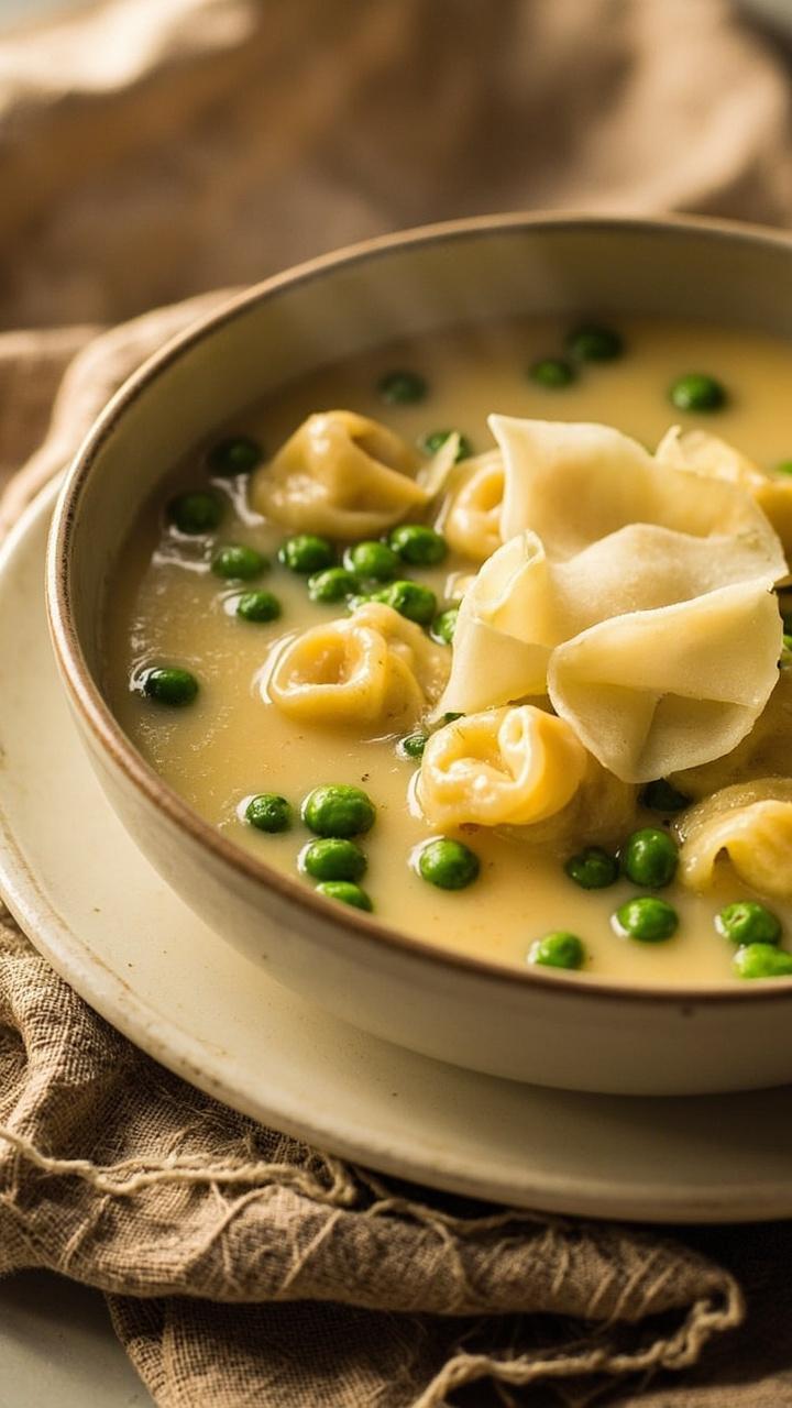 Pale creamy broth in a shallow bowl, cheese tortellini, bright green peas scattered on top, generous shavings of Parmesan, soft napkin beside the bowl Pale creamy broth in a shallow bowl, cheese tortellini, bright green peas scattered on top, generous shavings of Parmesan, soft napkin beside the bowl