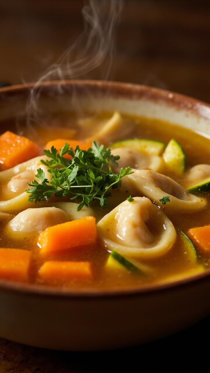 Chunky vegetable broth in a deep bowl, diced zucchini and carrots, white beans visible, cheese tortellini, a sprinkle of chopped parsley Chunky vegetable broth in a deep bowl, diced zucchini and carrots, white beans visible, cheese tortellini, a sprinkle of chopped parsley