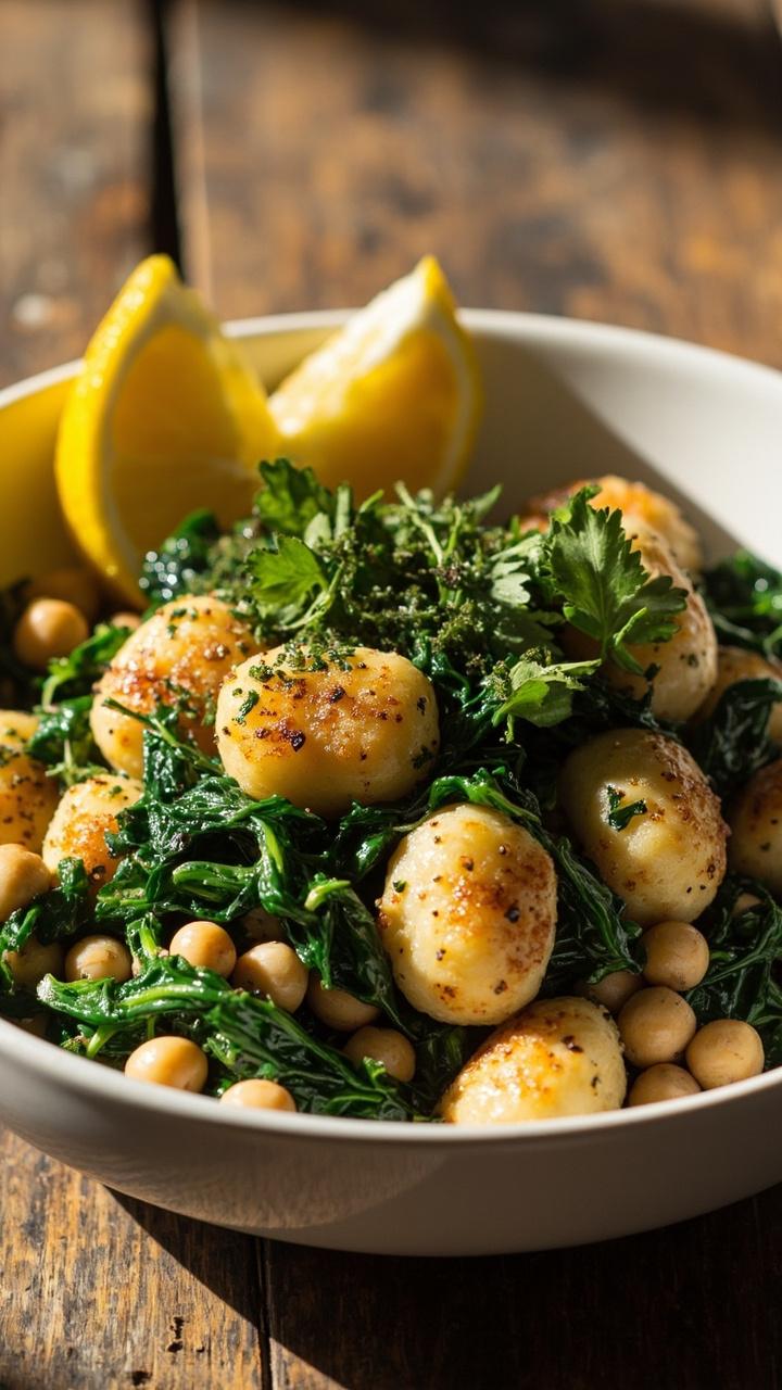 Pan seared golden gnocchi tossed with wilted bright green spinach and plump beige chickpeas, lemon wedges on the side, scattered chopped parsley, served in a shallow white bowl on a wooden table.