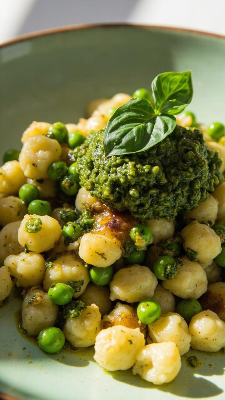 Lightly browned cauliflower gnocchi mixed with vivid green pesto and small bright green peas, dollop of extra pesto on top, served on a pale green plate with a basil leaf garnish.