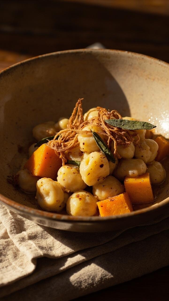 Golden gnocchi and roasted orange butternut cubes with thin brown crispy sage leaves scattered on top, served in a shallow ceramic bowl on a linen napkin.