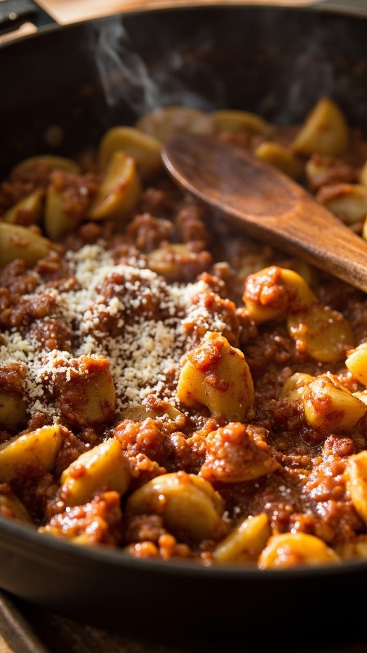 Chunky tomato turkey ragu coating pillowy gnocchi, sprinkled with grated Pecorino, served in a deep skillet with a wooden spoon resting on the rim.