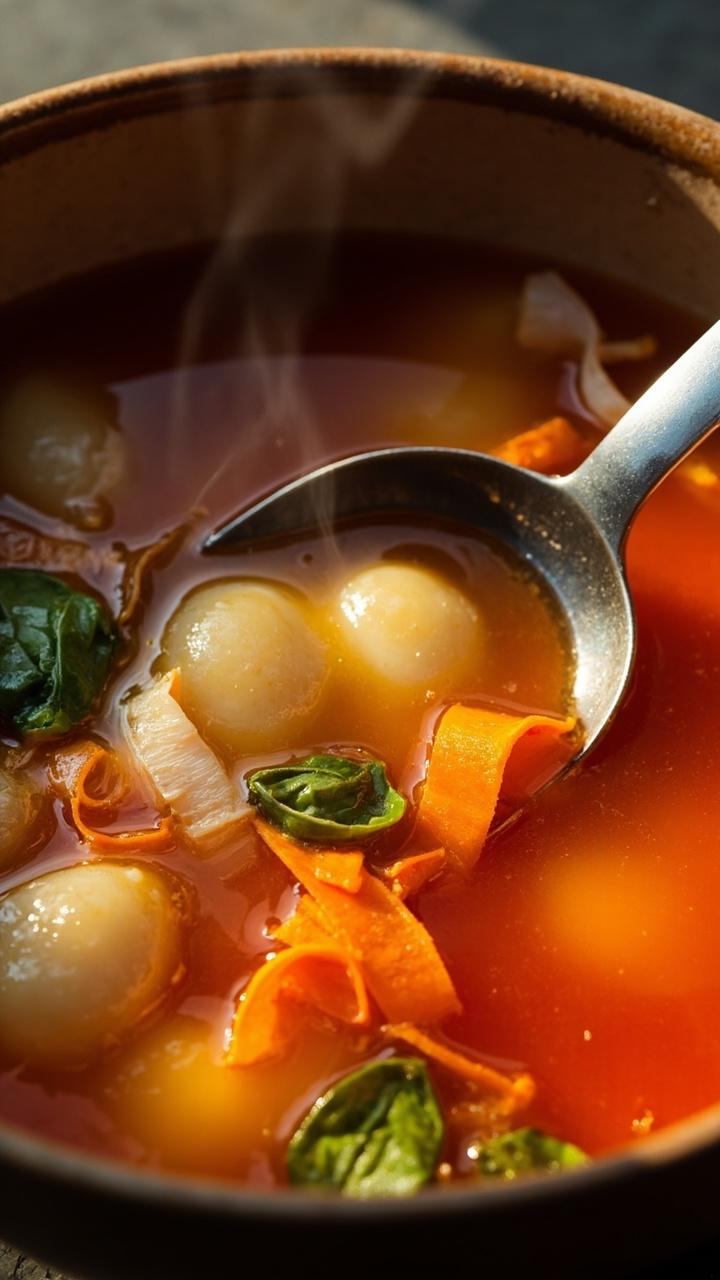 Clear tomato broth with floating gnocchi, ribbons of basil, thin slices of carrot and a drizzle of olive oil, served in a deep bowl with a soup spoon.