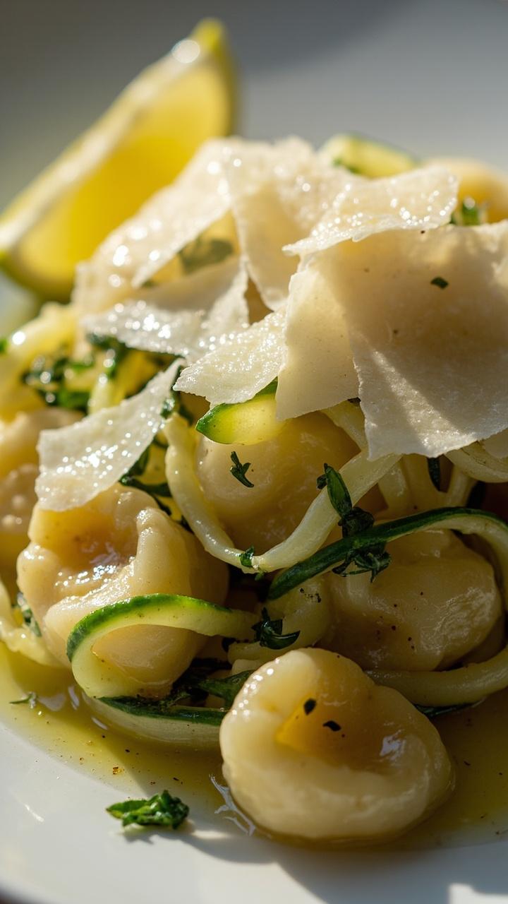 Pillow gnocchi mixed with thin green zucchini ribbons, flecks of chopped herbs and shaved Parmesan, presented on a shallow white plate with a lemon wedge.