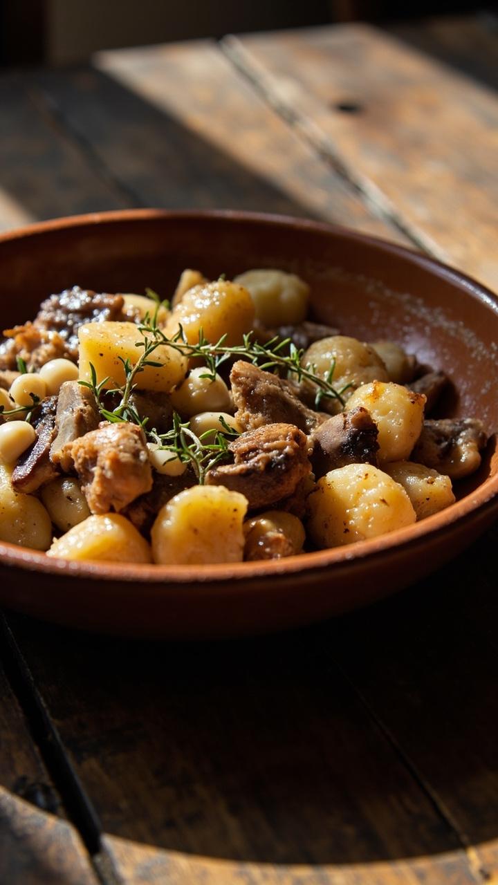 Golden gnocchi and browned sliced mushrooms nestled among white beans, tiny thyme leaves scattered on top, served in a shallow brown bowl on a rustic table.