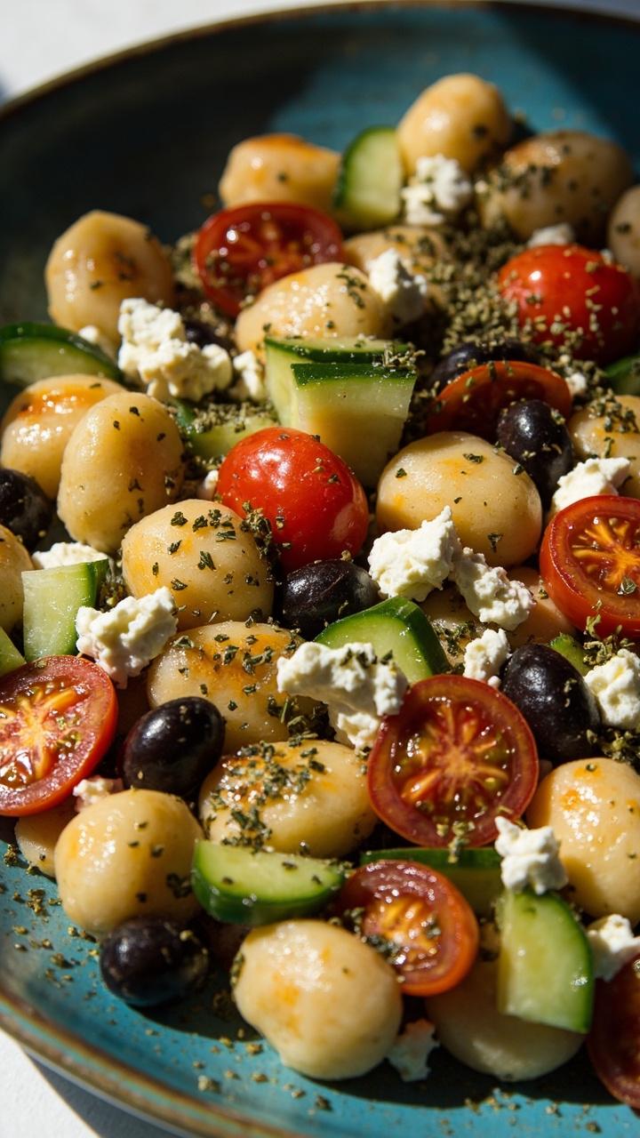 Lightly browned gnocchi tossed with diced cucumber, halved cherry tomatoes, crumbled white feta, and sliced dark kalamata olives, served in a shallow blue bowl with a sprinkle of oregano.