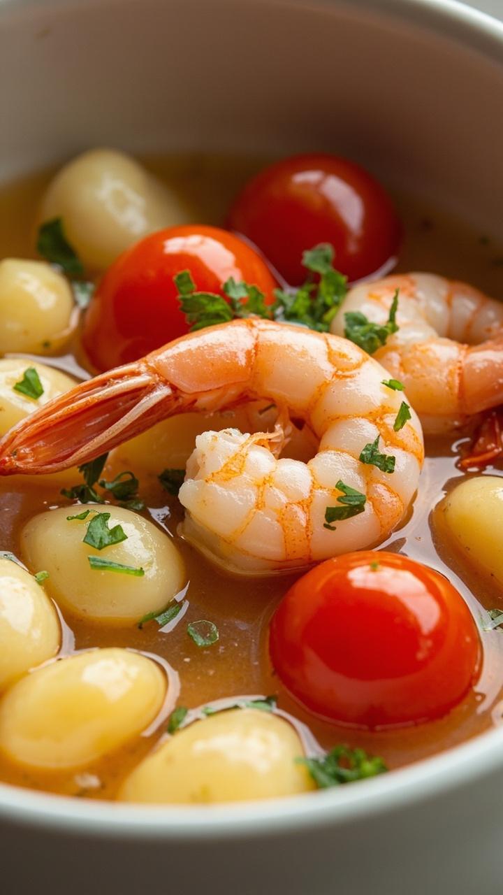 Small pink shrimp and glossy red cherry tomatoes in a shallow bowl with floating pillowy gnocchi and a sprinkle of chopped parsley, broth just covering ingredients.
