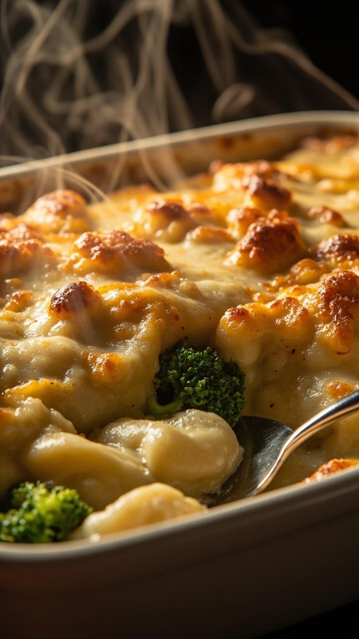 Creamy baked gnocchi with visible broccoli florets and golden brown ricotta topping, served in a shallow baking dish with a serving spatula at the ready.