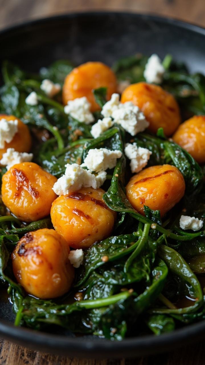 Orange sweet potato gnocchi nestled among wilted deep green spinach, creamy white crumbles of goat cheese on top, plated on a dark ceramic plate for contrast.