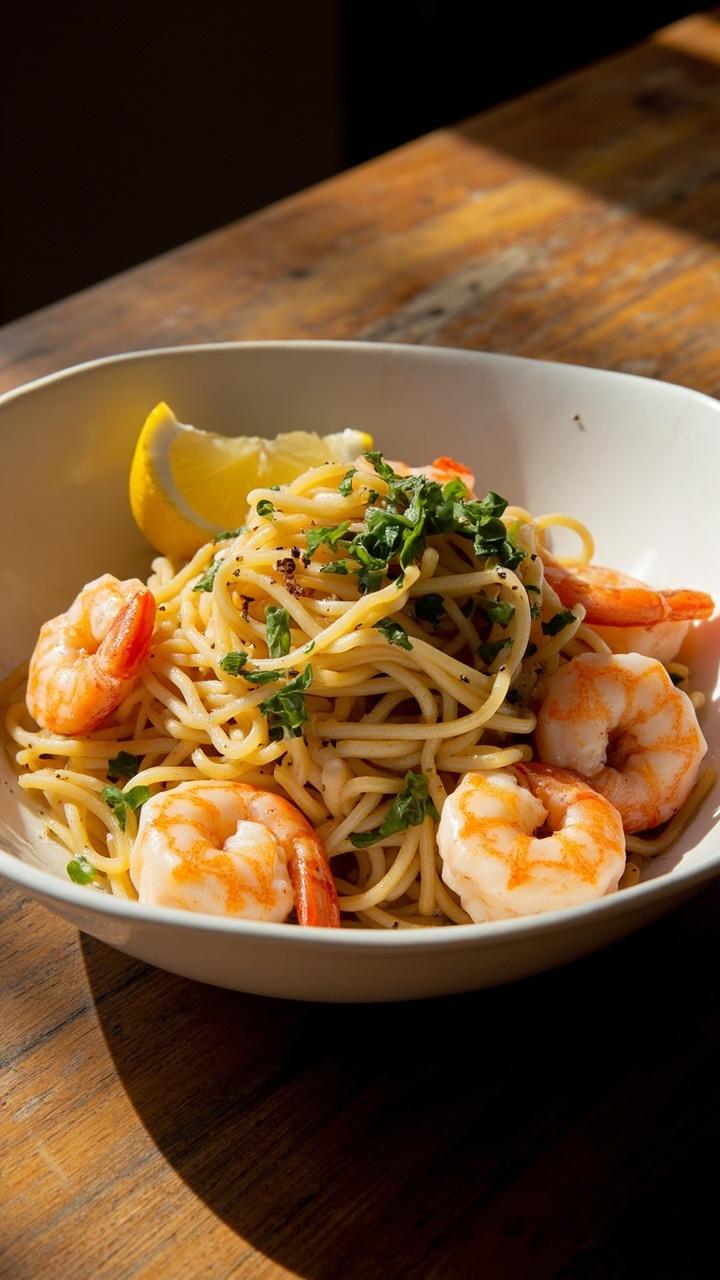 Plump shrimp tossed with glossy orzo in a shallow white bowl, bright lemon wedge on the rim, scattered chopped parsley, tiny flecks of black pepper, rustic wooden table beneath