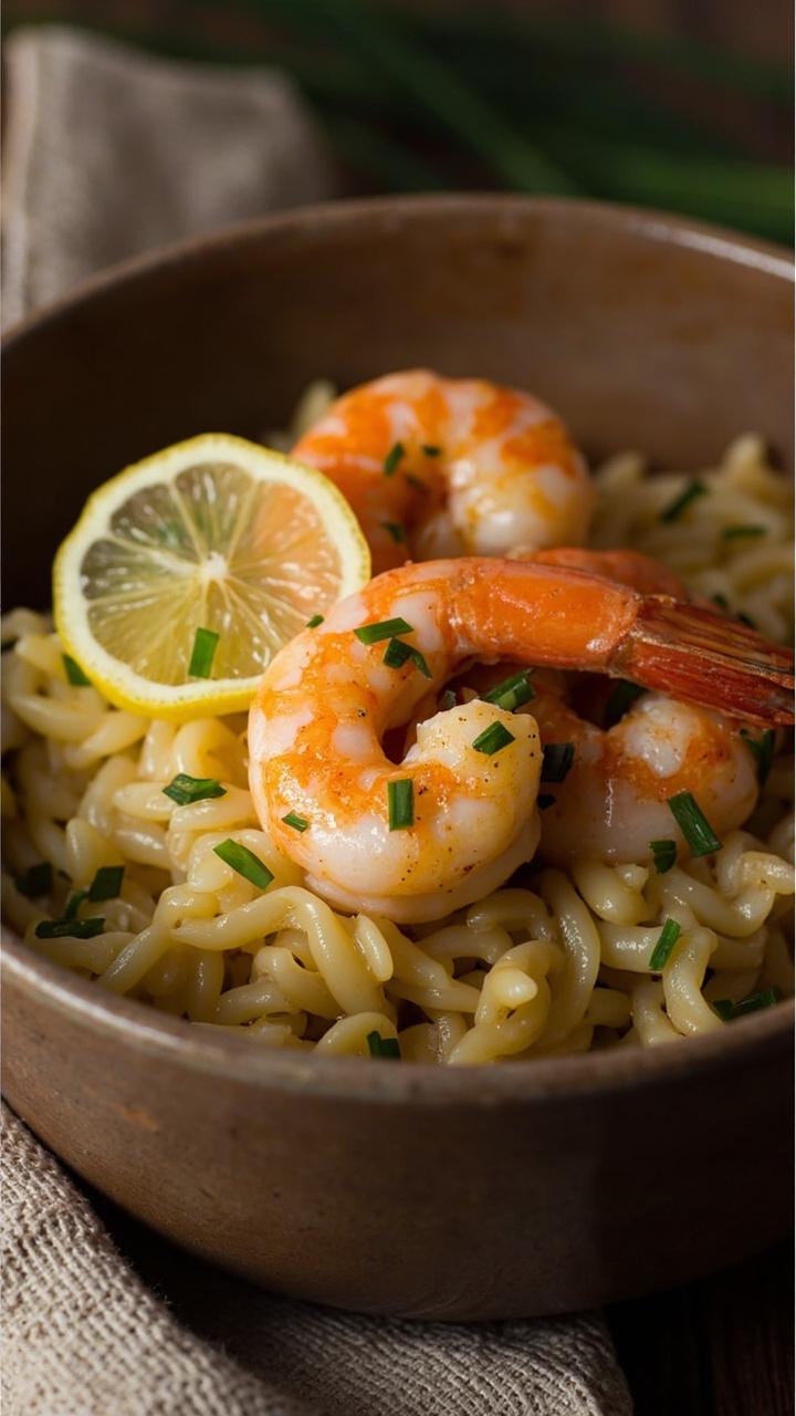 Golden garlic butter glistening on shrimp perched over a bed of creamy orzo on a shallow ceramic bowl, thin lemon slice tucked under a shrimp, sprinkle of chopped chives, linen napkin