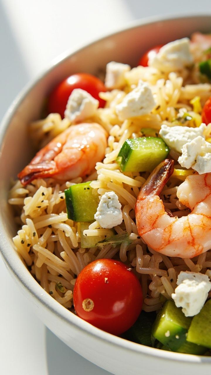 Cold orzo salad studded with pink shrimp and diced cucumber in a shallow white bowl, crumbled feta on top, halved cherry tomatoes at the edge, olive oil sheen