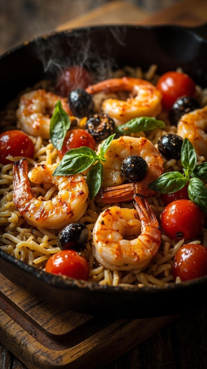 Pan of golden shrimp and orzo with halved red cherry tomatoes and dark olives scattered on top, basil leaves as garnish, cast iron skillet on a wooden board