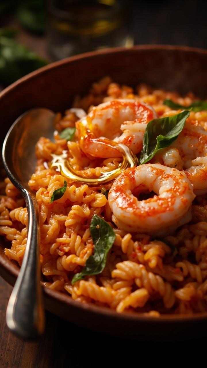 Deep bowl of orange red orzo mingled with shrimp, small basil leaves scattered on top, a spoon rested at the side, thin drizzle of olive oil