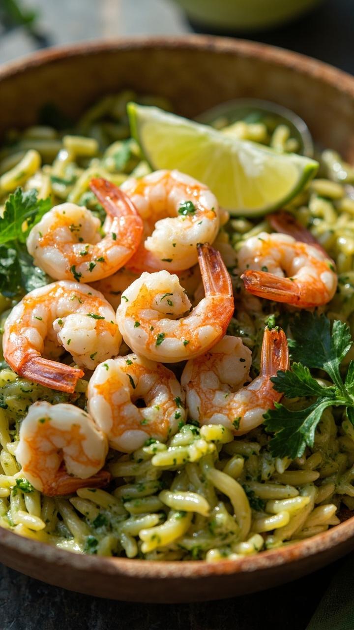 Wide shallow bowl with orzo tossed in green cilantro lime dressing, pink shrimp arranged on top, lime wedge and cilantro sprigs as garnish, natural light