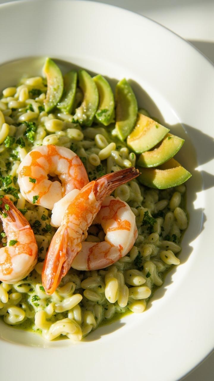 Creamy pale green orzo with halved shrimp laid on top, small avocado slices fanned on the side, sprinkle of chopped cilantro, white plate