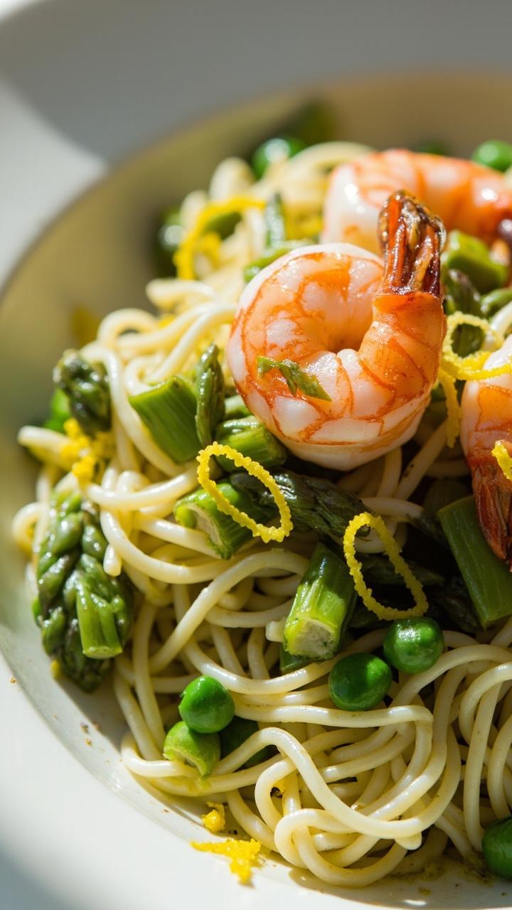 Light green orzo dotted with asparagus tips and bright peas, shrimp nestled on top, lemon zest sprinkled over, shallow white serving dish