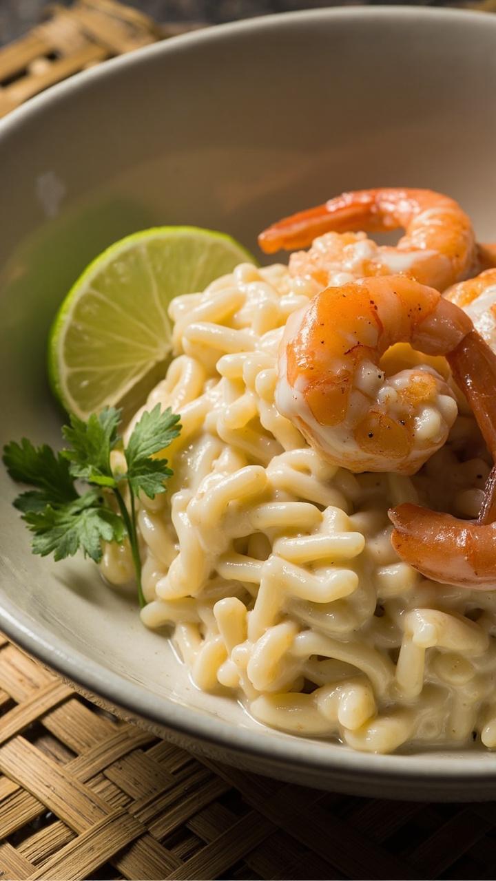 Creamy pale orzo with light coconut sheen, shrimp arranged on top, lime wedge and cilantro sprig beside, bamboo placemat