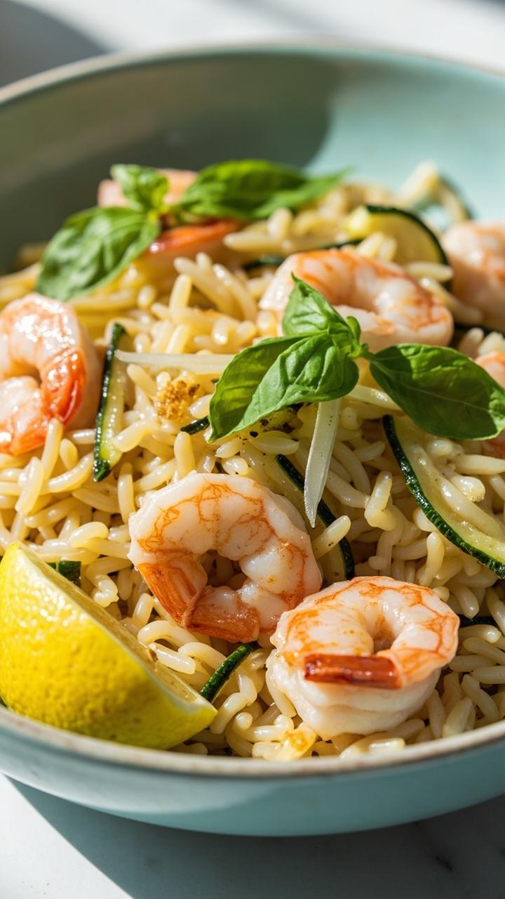 Light orzo with thin ribbons of sautéed zucchini and pink shrimp, lemon wedge on the side, fresh basil leaves scattered, pale blue bowl