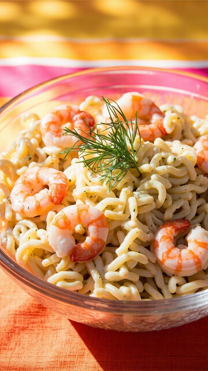 Chilled pale orzo coated in yogurt dill dressing with shrimp arranged in a circle, small dill sprig on top, glass bowl on a bright tablecloth