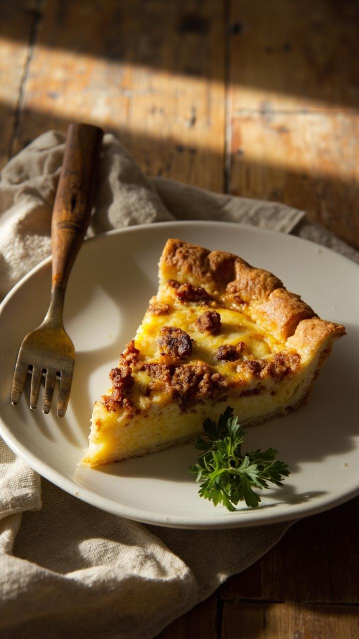 Golden baked quiche wedge on a white ceramic plate, flaky crust edge visible, browned crumbles of sausage and melted cheddar on top, sprig of parsley for color, linen napkin and a wooden fork beside the plate on a farmhouse table Golden baked quiche wedge on a white ceramic plate, flaky crust edge visible, browned crumbles of sausage and melted cheddar on top, sprig of parsley for color, linen napkin and a wooden fork beside the plate on a farmhouse table