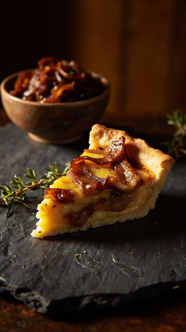 Slice of quiche on a slate board showing glossy caramelized onion ribbons and melted cheddar on top, small bowl of extra caramelized onions beside it, warm amber light, a sprig of thyme on the board Slice of quiche on a slate board showing glossy caramelized onion ribbons and melted cheddar on top, small bowl of extra caramelized onions beside it, warm amber light, a sprig of thyme on the board