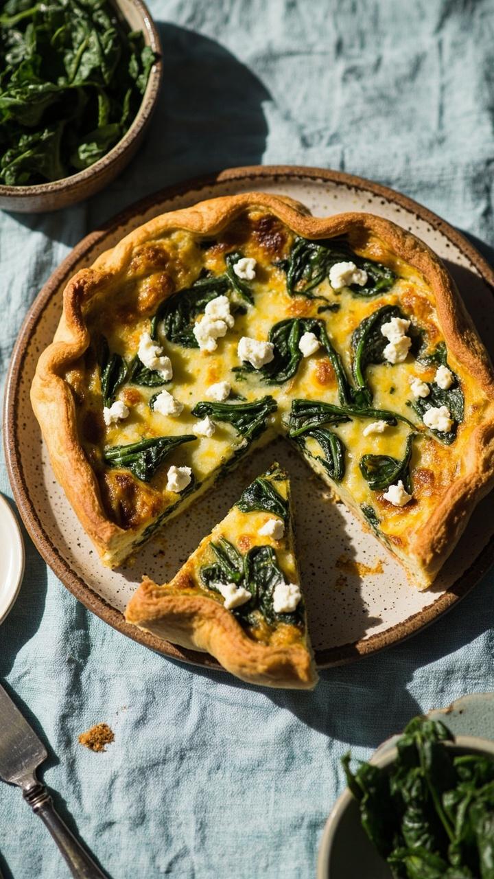 Round quiche with visible green spinach and white feta crumbles peeking through the golden top, slice cut and placed on a ceramic plate, small bowl of fresh spinach leaves nearby, pale blue tablecloth Round quiche with visible green spinach and white feta crumbles peeking through the golden top, slice cut and placed on a ceramic plate, small bowl of fresh spinach leaves nearby, pale blue tablecloth