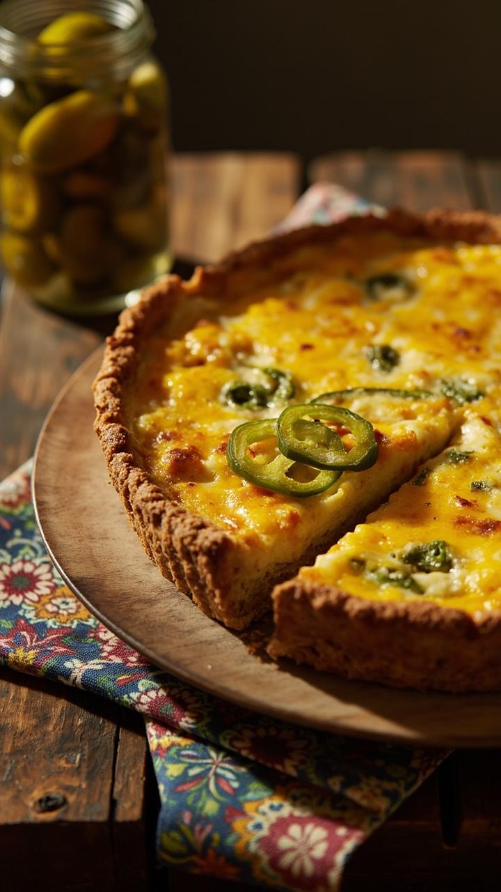 Quiche with flecks of green jalapeño and melted cheddar on top, one wedge on a rustic wooden plate with a thin slice of jalapeño garnish, small jar of pickled jalapeños beside it, patterned napkin Quiche with flecks of green jalapeño and melted cheddar on top, one wedge on a rustic wooden plate with a thin slice of jalapeño garnish, small jar of pickled jalapeños beside it, patterned napkin