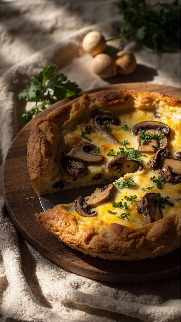 Whole quiche on a wooden board topped with sautéed mushroom slices and scattered chopped parsley, one slice removed to show tender interior with mushrooms, soft morning light on a neutral linen Whole quiche on a wooden board topped with sautéed mushroom slices and scattered chopped parsley, one slice removed to show tender interior with mushrooms, soft morning light on a neutral linen