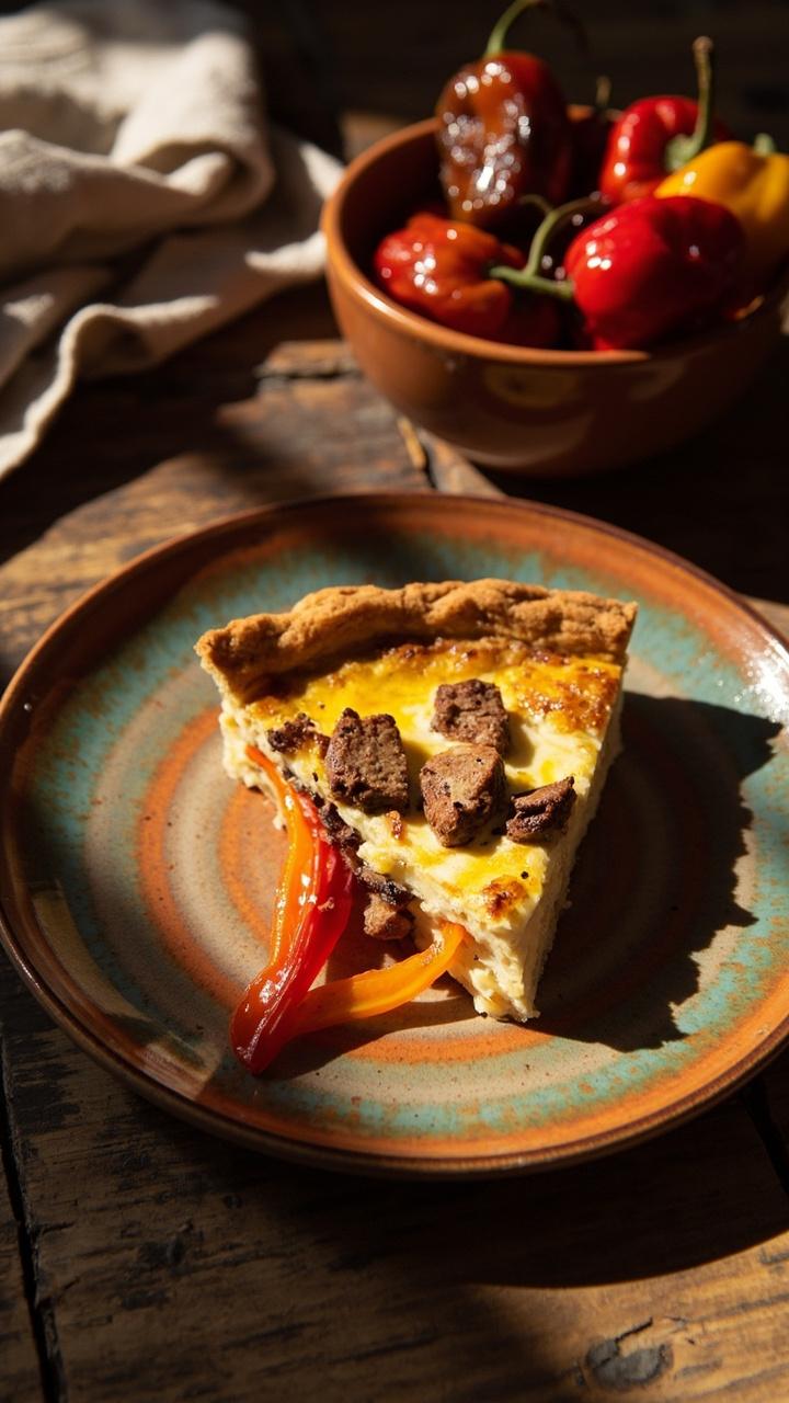 Sliced quiche on a bright ceramic plate with visible red and yellow bell pepper strips and browned sausage, small bowl of extra roasted peppers beside it, wooden table and a folded kitchen towel Sliced quiche on a bright ceramic plate with visible red and yellow bell pepper strips and browned sausage, small bowl of extra roasted peppers beside it, wooden table and a folded kitchen towel