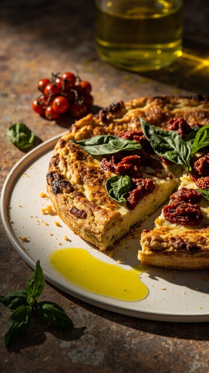 Round quiche topped with torn basil leaves and small pieces of sun dried tomato, slice on a white plate showing a rustic crumbly crust, small basil sprig and olive oil drizzle nearby Round quiche topped with torn basil leaves and small pieces of sun dried tomato, slice on a white plate showing a rustic crumbly crust, small basil sprig and olive oil drizzle nearby