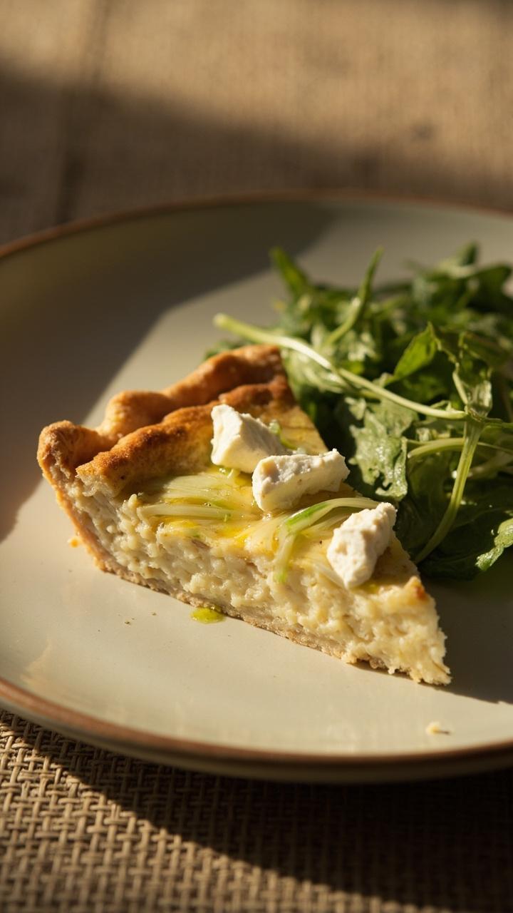 Quiche with creamy white goat cheese crumbles visible and pale green leek ribbons on top, single slice plated with a small pile of lightly dressed mixed greens, soft neutral placemat Quiche with creamy white goat cheese crumbles visible and pale green leek ribbons on top, single slice plated with a small pile of lightly dressed mixed greens, soft neutral placemat