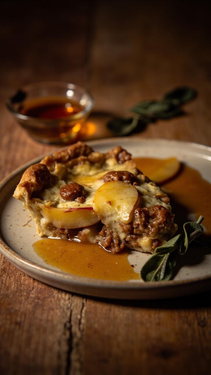 Slice of quiche showing thin apple slices and browned sausage pieces, light glaze sheen from maple in the center, small dish of extra maple syrup and a sprig of sage next to the plate, warm wood surface Slice of quiche showing thin apple slices and browned sausage pieces, light glaze sheen from maple in the center, small dish of extra maple syrup and a sprig of sage next to the plate, warm wood surface