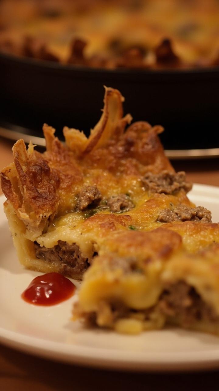 Quiche with a golden crispy potato crust visible along the edge with sausage and melted cheese inside, wedge plated with a small spoon of ketchup or hot sauce on the side, cast iron pan in the background Quiche with a golden crispy potato crust visible along the edge with sausage and melted cheese inside, wedge plated with a small spoon of ketchup or hot sauce on the side, cast iron pan in the background