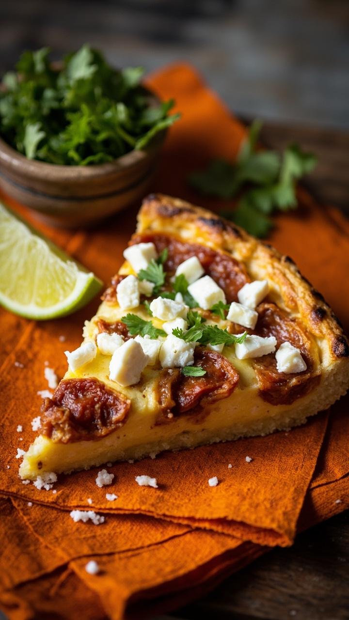 Quiche wedge with vivid red chorizo bits and white cotija crumbles, small bowl of chopped cilantro on the side, vibrant napkin underneath and a lime wedge nearby Quiche wedge with vivid red chorizo bits and white cotija crumbles, small bowl of chopped cilantro on the side, vibrant napkin underneath and a lime wedge nearby