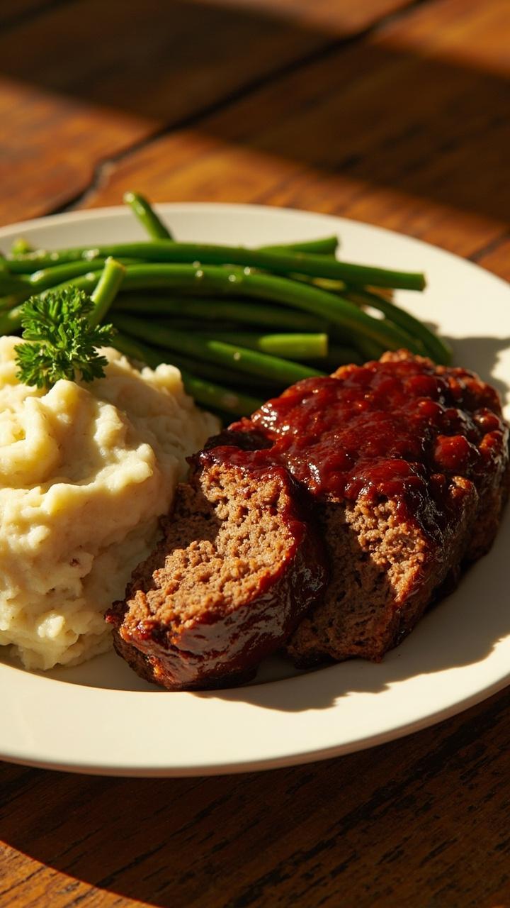 A thick slice of glossy glazed meatloaf on a white dinner plate next to creamy mashed potatoes and steamed green beans with a small parsley sprig and a rustic wooden table beneath A thick slice of glossy glazed meatloaf on a white dinner plate next to creamy mashed potatoes and steamed green beans with a small parsley sprig and a rustic wooden table beneath