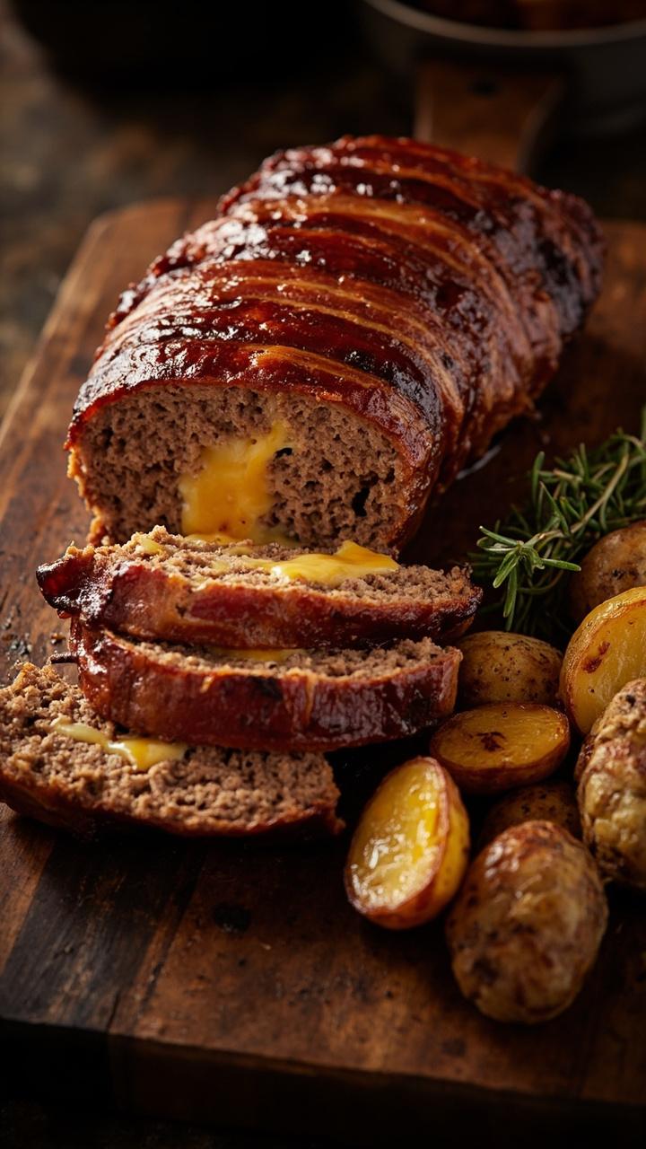 A whole bacon wrapped meatloaf on a wooden cutting board with browned edges and melted cheddar visible in a few slices served next to roasted fingerling potatoes and a sprig of thyme A whole bacon wrapped meatloaf on a wooden cutting board with browned edges and melted cheddar visible in a few slices served next to roasted fingerling potatoes and a sprig of thyme