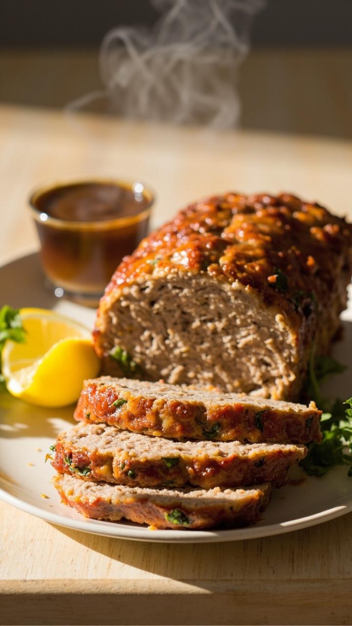 A golden turkey meatloaf sliced on a cream colored plate with visible flecks of green herbs a lemon wedge on the side and a small bowl of pan jus nearby on a light wood table A golden turkey meatloaf sliced on a cream colored plate with visible flecks of green herbs a lemon wedge on the side and a small bowl of pan jus nearby on a light wood table