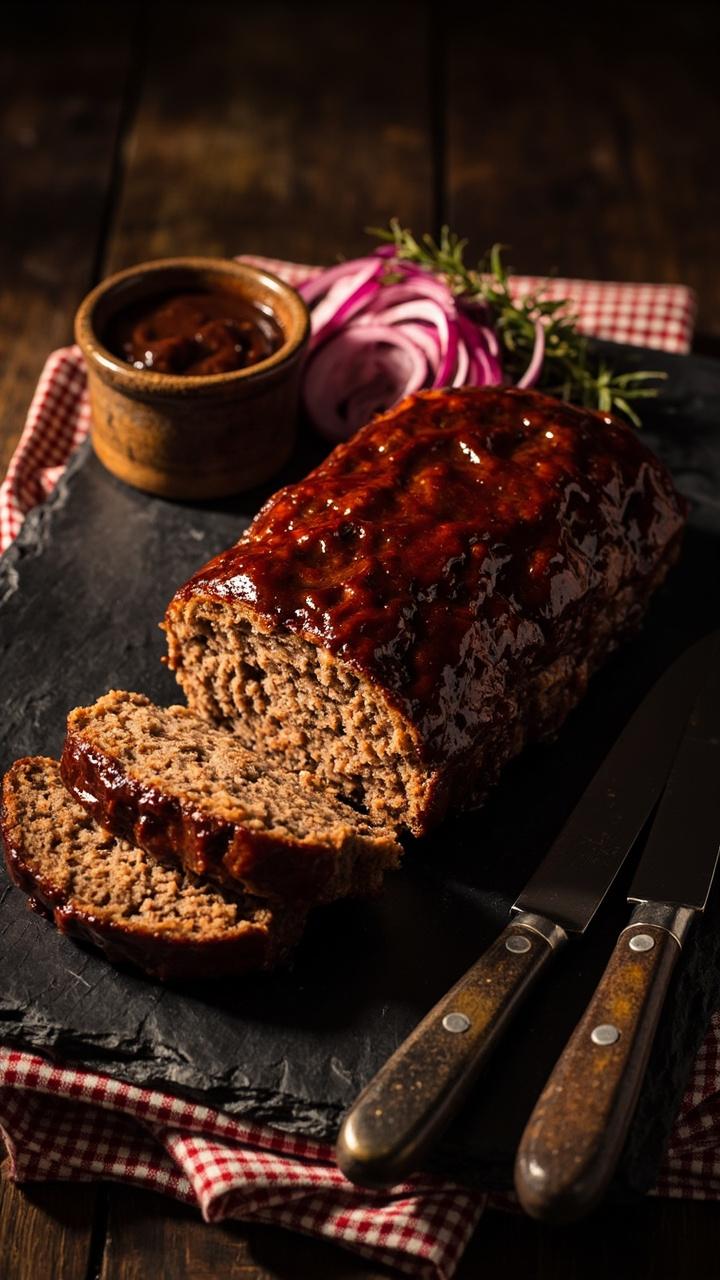 A thick slice of barbecue glazed meatloaf on a dark slate plate with a small ramekin of extra BBQ sauce pickled red onions on the side and rustic cutlery on a checked napkin A thick slice of barbecue glazed meatloaf on a dark slate plate with a small ramekin of extra BBQ sauce pickled red onions on the side and rustic cutlery on a checked napkin