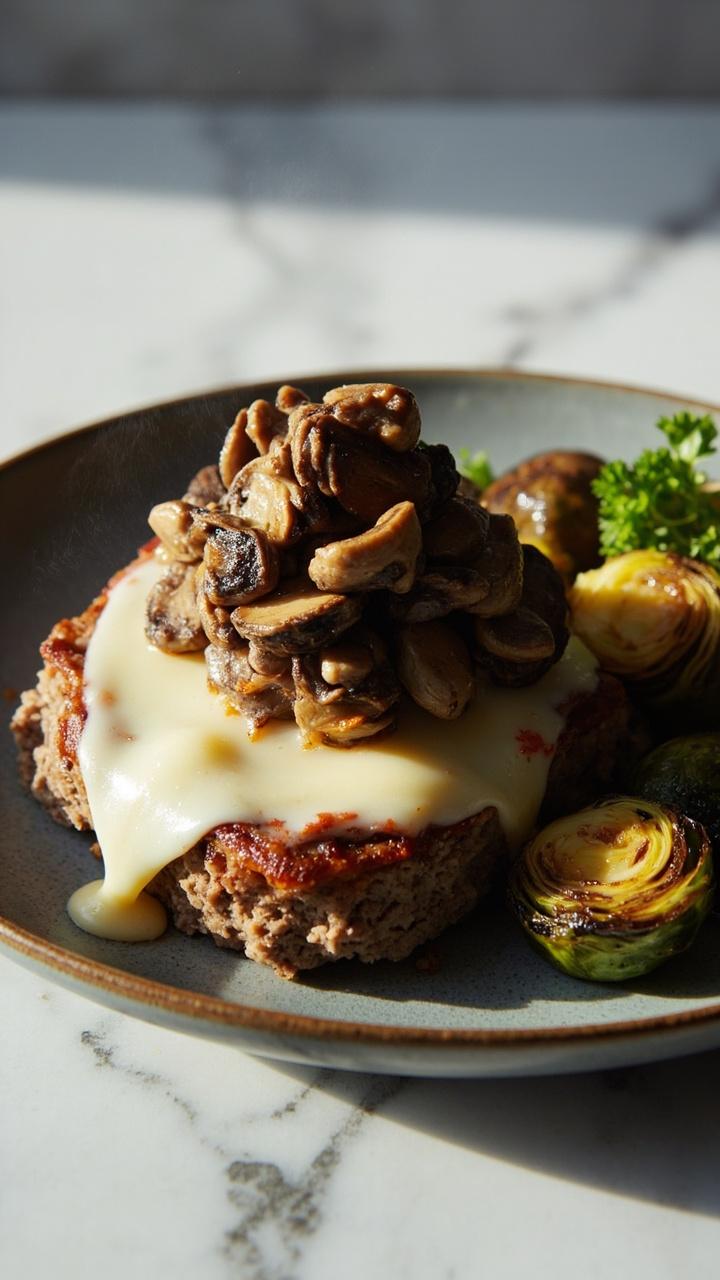 A meatloaf slice with melted Swiss cheese oozing and sautéed mushrooms piled on top sitting on a gray plate with roasted Brussels sprouts and a sprig of parsley on a marble countertop A meatloaf slice with melted Swiss cheese oozing and sautéed mushrooms piled on top sitting on a gray plate with roasted Brussels sprouts and a sprig of parsley on a marble countertop