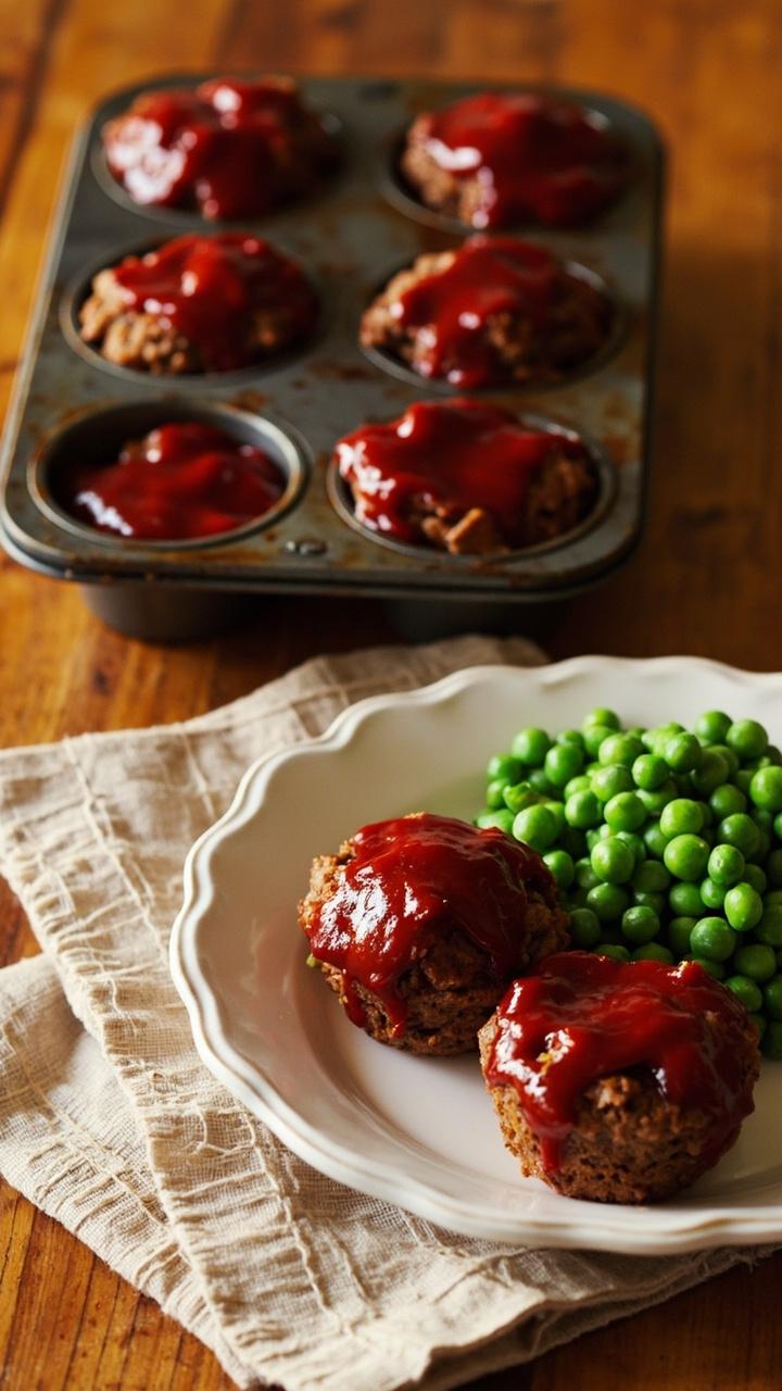 Six mini meatloaf muffins in a muffin tin with glossy ketchup glaze on top a few muffins plated with a side of steamed peas and a small linen napkin on a wooden table Six mini meatloaf muffins in a muffin tin with glossy ketchup glaze on top a few muffins plated with a side of steamed peas and a small linen napkin on a wooden table