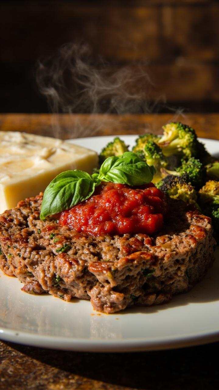 A slice of Italian meatloaf topped with a spoonful of marinara and a fresh basil leaf on a white plate with a side of roasted broccoli and a small wedge of Parmesan on the table A slice of Italian meatloaf topped with a spoonful of marinara and a fresh basil leaf on a white plate with a side of roasted broccoli and a small wedge of Parmesan on the table