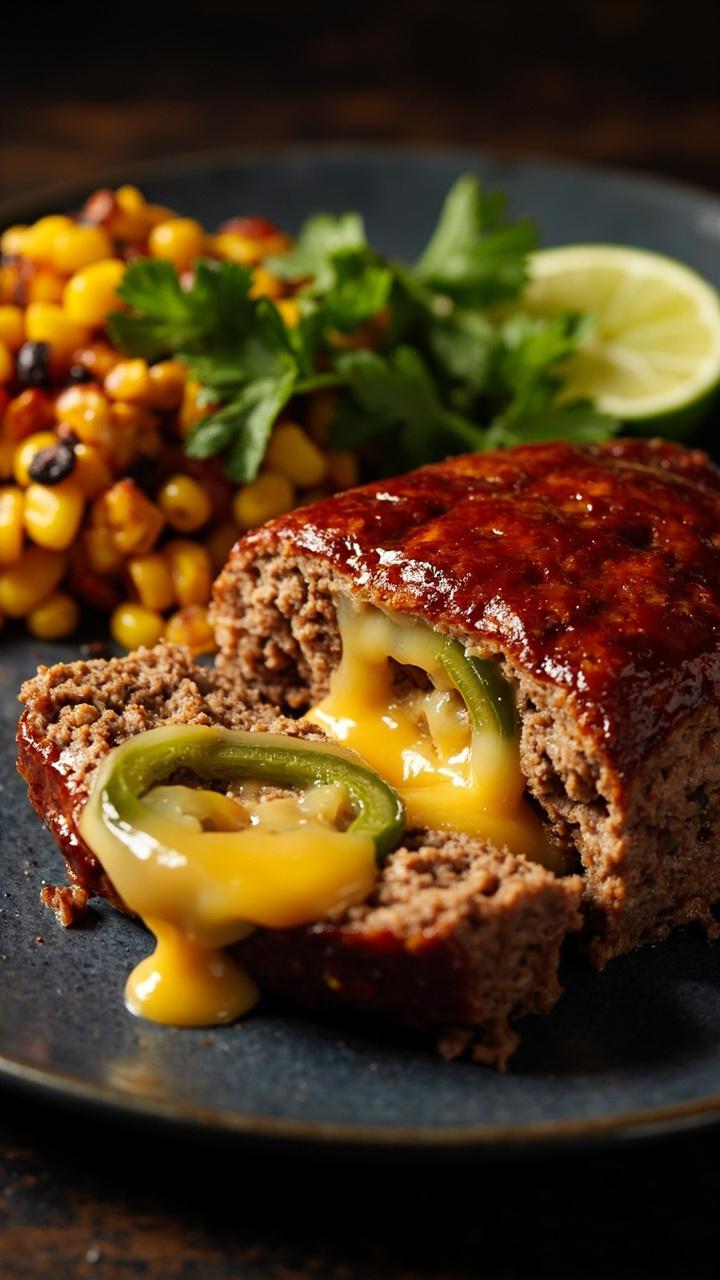A slice of meatloaf studded with bright green jalapeno bits and melted cheddar on a dark plate with a lime wedge and a small pile of cilantro leaves and roasted corn salad on the side A slice of meatloaf studded with bright green jalapeno bits and melted cheddar on a dark plate with a lime wedge and a small pile of cilantro leaves and roasted corn salad on the side