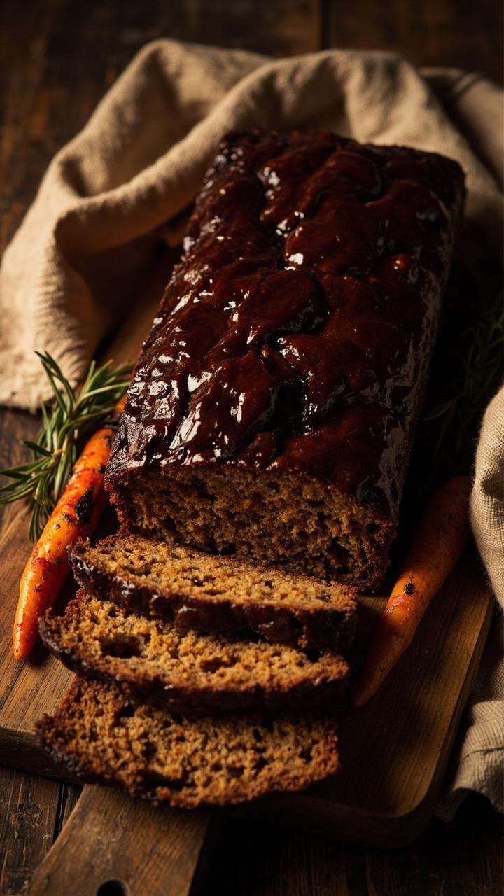 A loaf with a shiny dark brown glaze sliced on a wooden board with roasted carrots and a small sprig of rosemary and a folded linen napkin A loaf with a shiny dark brown glaze sliced on a wooden board with roasted carrots and a small sprig of rosemary and a folded linen napkin