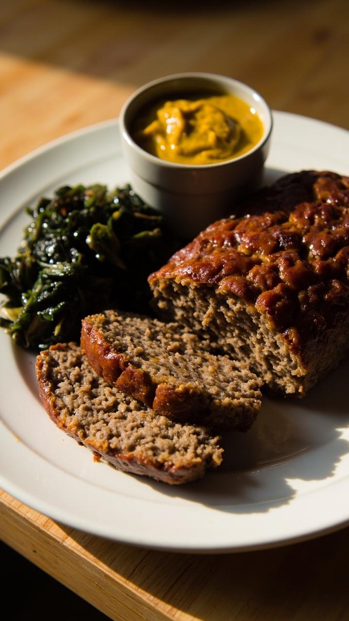 A sliced meatloaf on a white plate showing small lentil flecks inside with a side of sautéed greens and a small dish of mustard on the side on a simple wooden table A sliced meatloaf on a white plate showing small lentil flecks inside with a side of sautéed greens and a small dish of mustard on the side on a simple wooden table