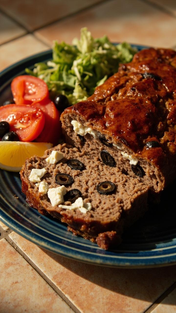 A slice of meatloaf with crumbled feta and olives visible on the cut surface served on a blue rimmed plate with cucumber tomato salad and a lemon wedge on a tiled counter A slice of meatloaf with crumbled feta and olives visible on the cut surface served on a blue rimmed plate with cucumber tomato salad and a lemon wedge on a tiled counter